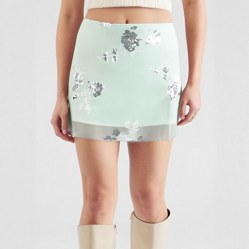 Damen transparenter Rock mit floralem Design und glitzernden Akzenten Drune