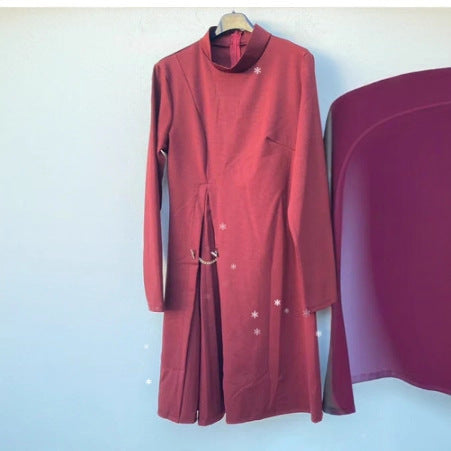Damen elegantes Kleid mit Drapierung und Taillengürtel Drune