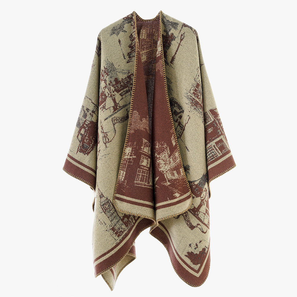 Damen Jacquard‑Capeponcho mit ikonischem Städte‑Jacquard und offenem Oversize‑Fall Drune