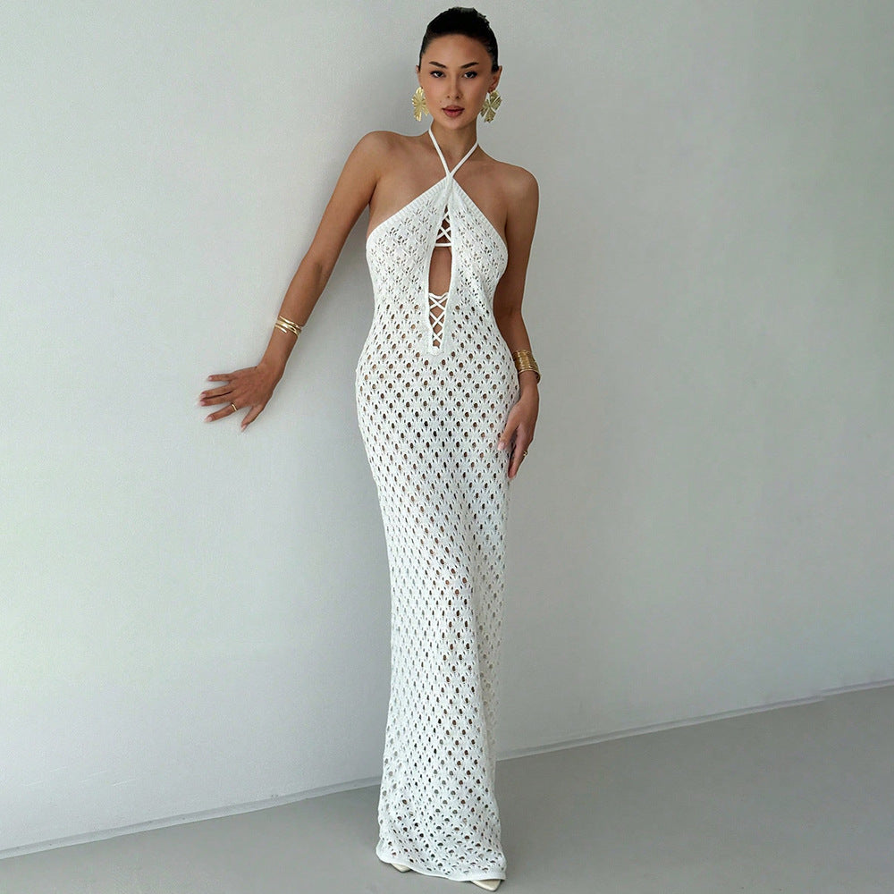 Damen Häkel-Maxikleid mit tiefer Ausschnitt Drune