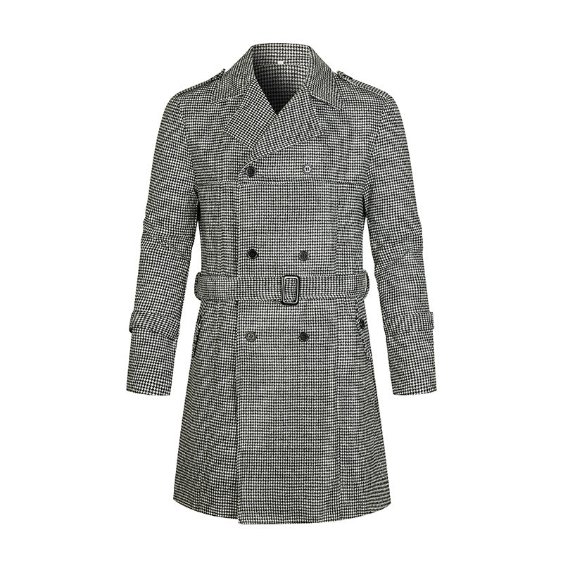Herren Doppelreihiger Trenchcoat mit Hahnentritt‑Muster, tailliertem Schnitt und Bindegürtel Drune