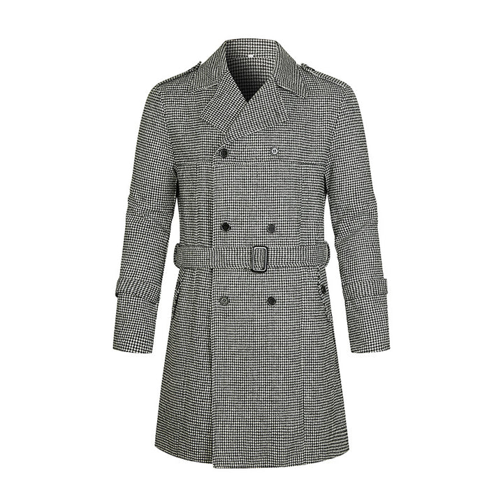 Herren Doppelreihiger Trenchcoat mit Hahnentritt‑Muster, tailliertem Schnitt und Bindegürtel Drune