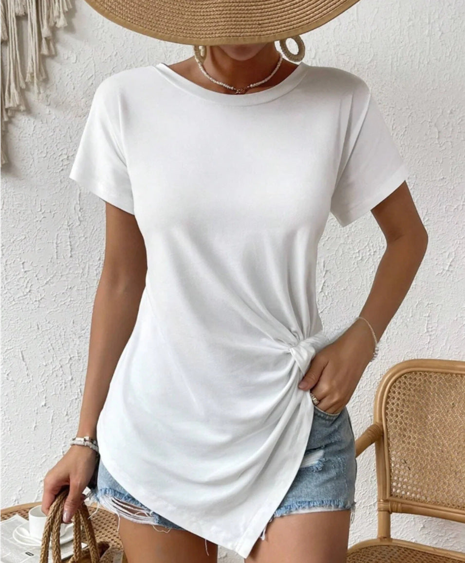 Damen nan asymmetrisches Knotenshirt mit seitlicher Drehung und verlängertem Zipfelsaum Drune