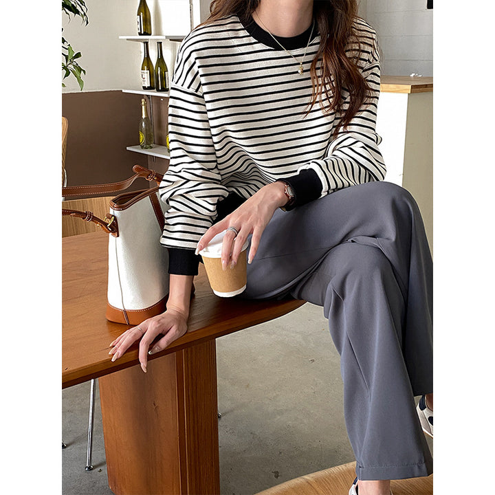 Damen lässiger Rundhals Sweatshirt mit Streifen Drune