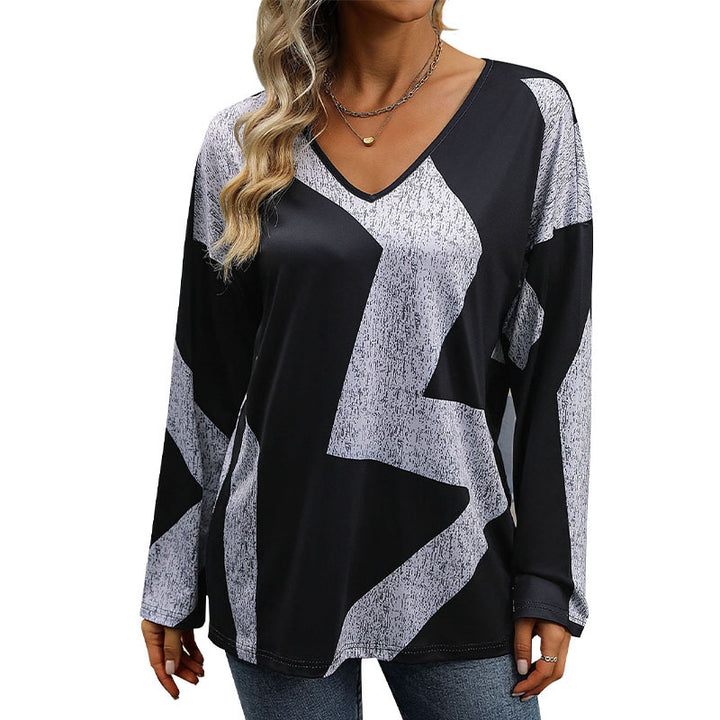 Damen Oversize V-Ausschnitt-Shirt mit abstraktem Grafikprint und leichtem Fall Drune