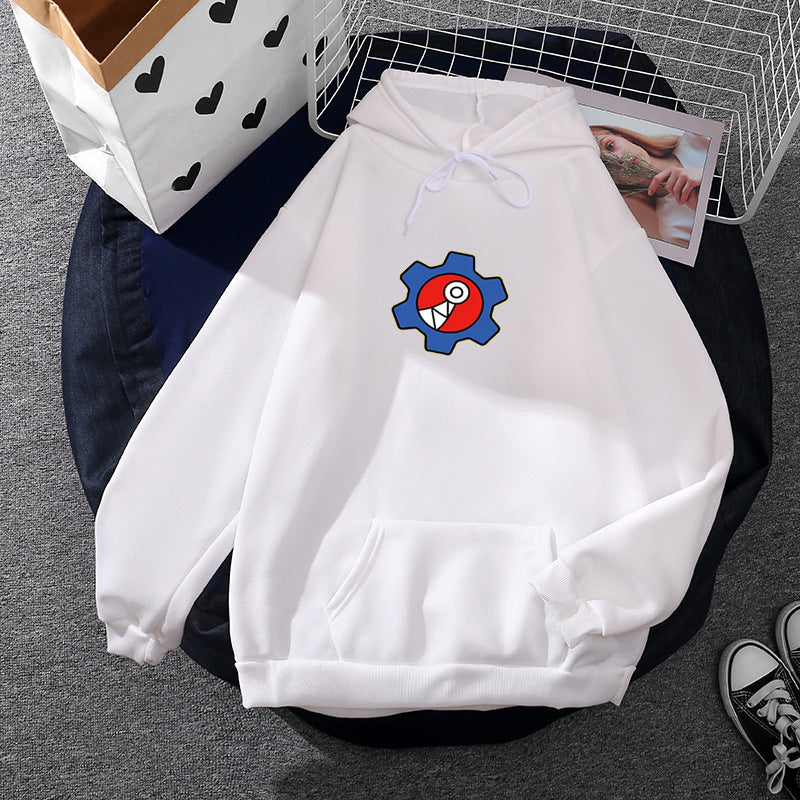 Damen nan oversized Fleece-Kapuzenpullover mit weicher Innenseite, Kängurutasche und appliziertem Zahnrad-Comic-Motiv Drune