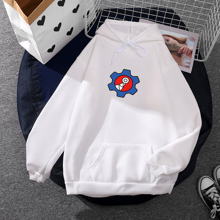 Damen nan oversized Fleece-Kapuzenpullover mit weicher Innenseite, Kängurutasche und appliziertem Zahnrad-Comic-Motiv Drune