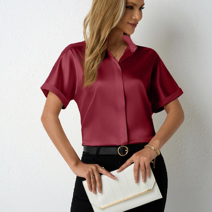 Damen elegante Satinbluse mit klassischem Kragen und umgeschlagenen Ärmeln Drune
