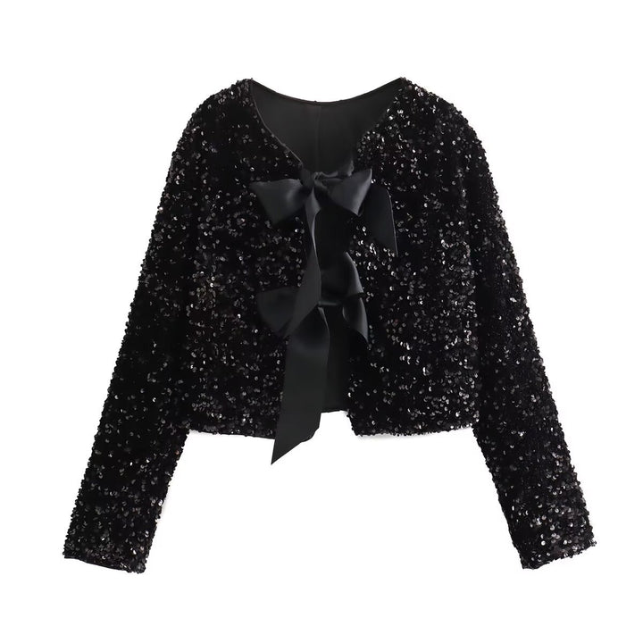 Damen nan glitzernde Cropped-Bolerojacke mit Paillettenbesatz und dekorativen Satinschleifen Drune