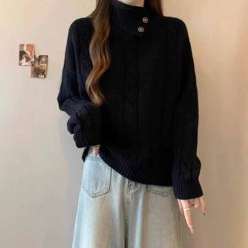 Damen Grobstrickpullover mit hochgeschlossenem Kragen und Knopfdetails Drune