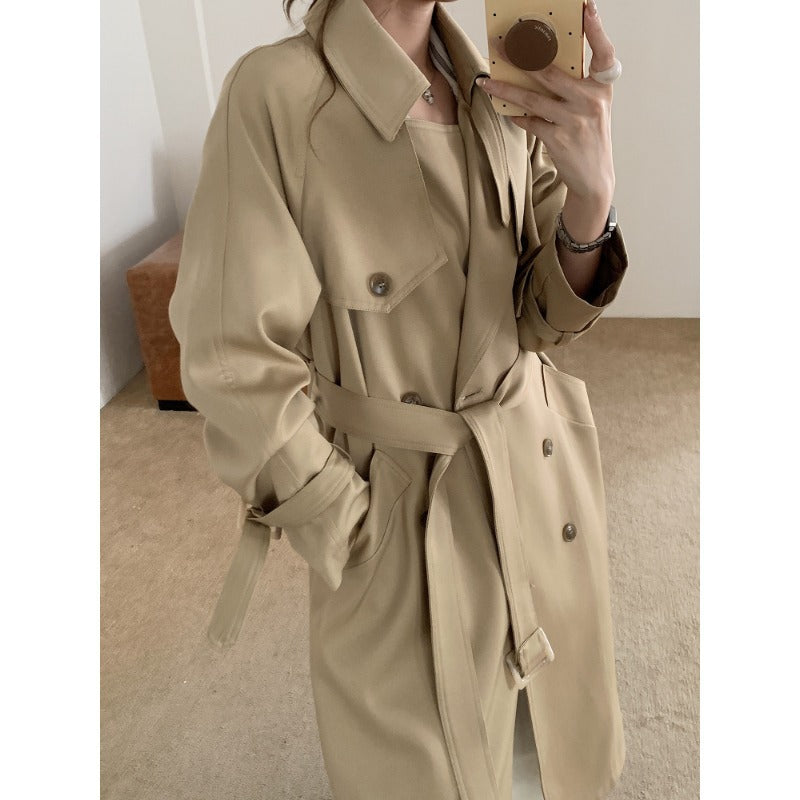 Damen Oversize Trenchcoat mit Doppelreihe, Taillengürtel und Epauletten Drune
