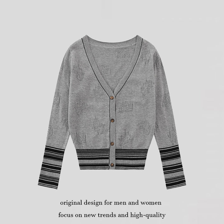 Damen Strickjacke mit V‑Ausschnitt, feinem Jacquardmuster und kontrastierenden Bündchen Drune