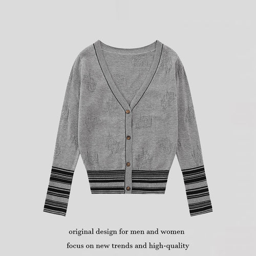 Damen Strickjacke mit V‑Ausschnitt, feinem Jacquardmuster und kontrastierenden Bündchen Drune