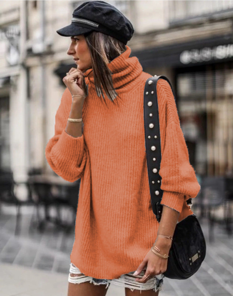Damen Grobstrickpullover mit hohem Kragen und eleganten Knopfdetails Drune