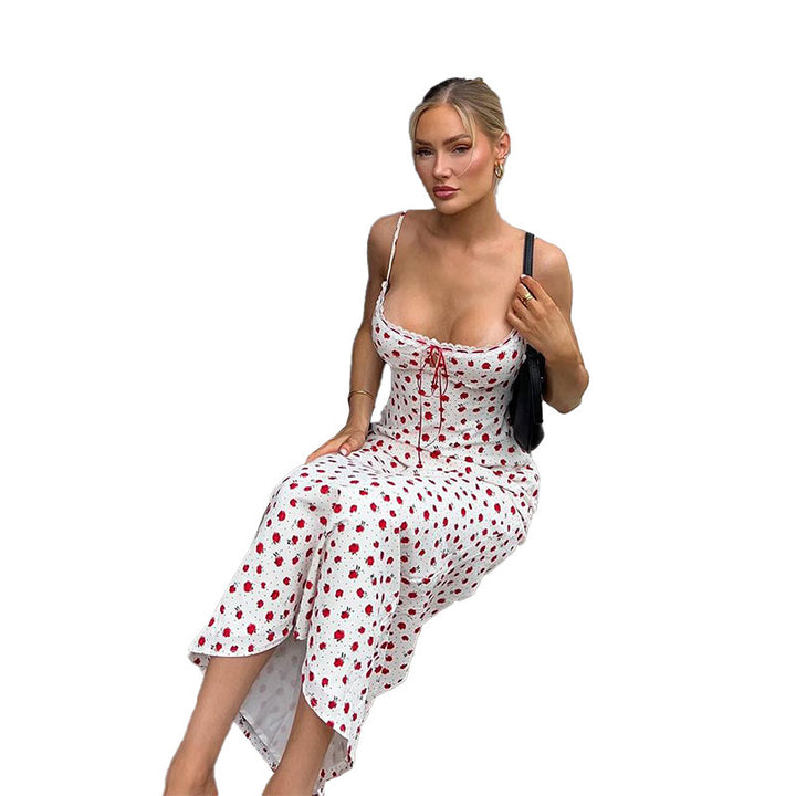 Damen Blumen-Midikleid mit verstellbaren Spaghettiträgern und eleganter Raffung Drune