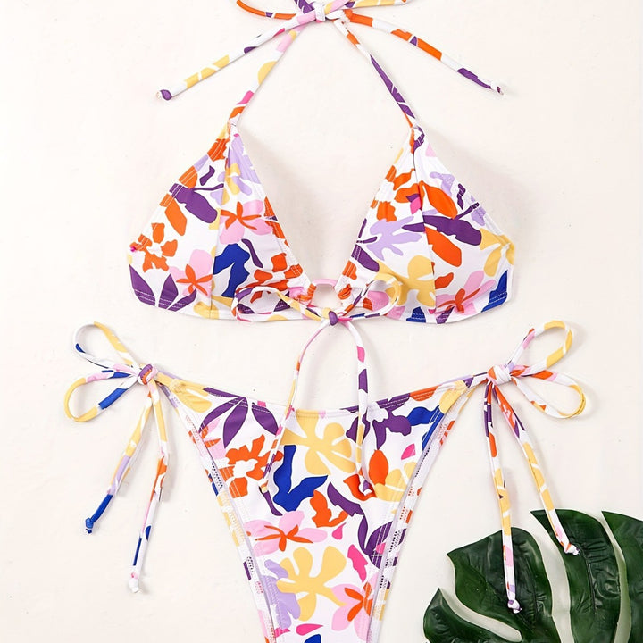 Damen Triangel-Bikini mit verstellbaren Schnüren und fröhlichem Blumenmuster Drune