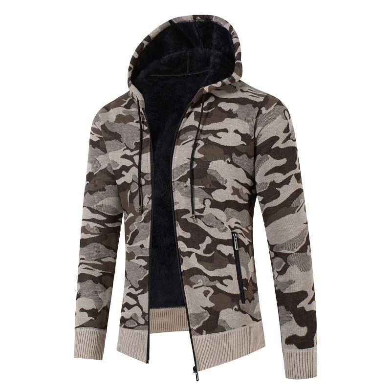 Herren Kapuzen‑Strickjacke mit Teddyfutter, Reißverschluss und Camouflage‑Struktur Drune