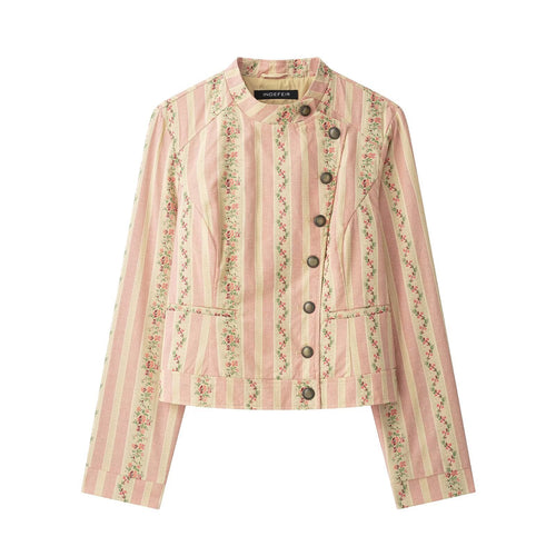 Damen Kurzjacke mit Stehkragen und Vintage-Blumenmuster Drune