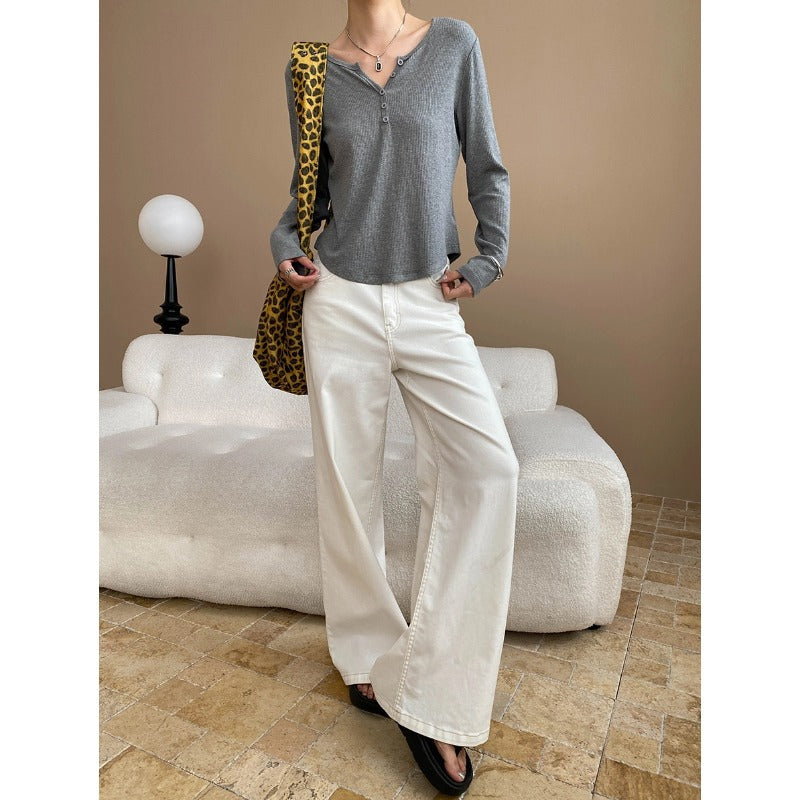 Damen Langarm-Henley-Shirt aus weichem Rippmaterial Drune