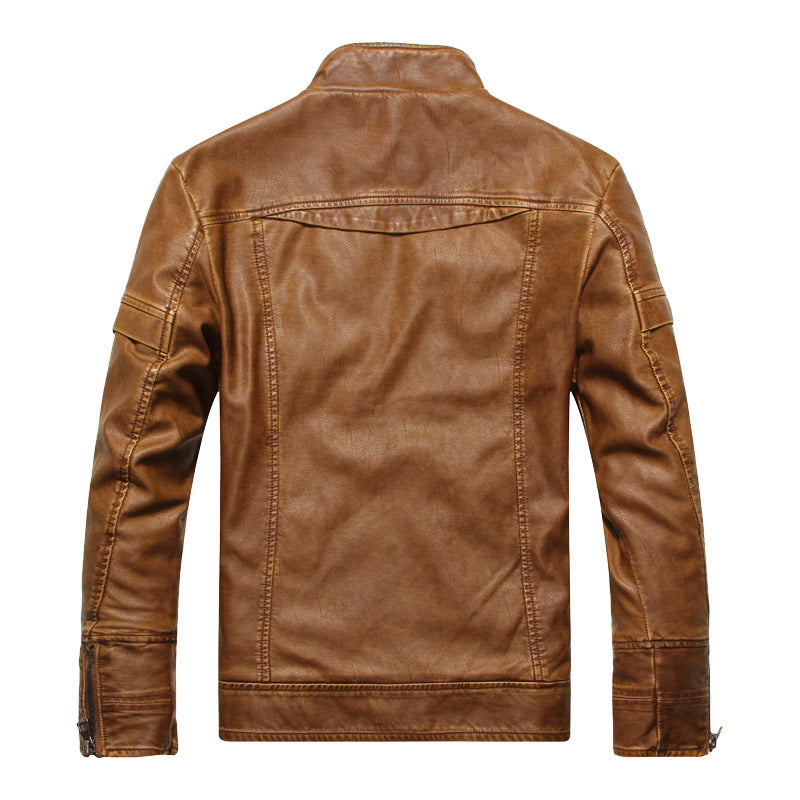 Herren Lederjacke im Bikerstil mit Stehkragen und Ziernähten Drune