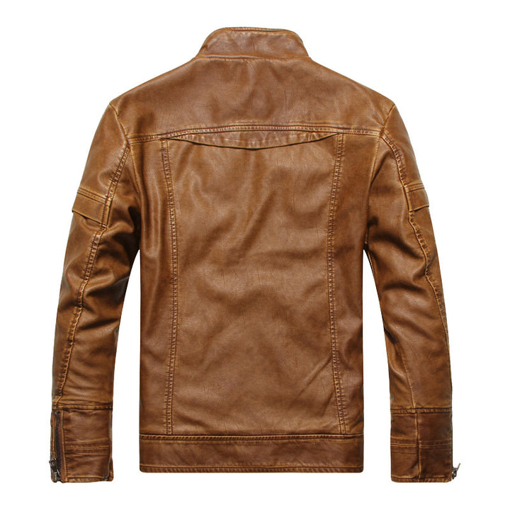 Herren Lederjacke im Bikerstil mit Stehkragen und Ziernähten Drune