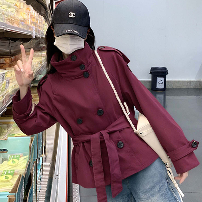 Damen Modische Langjacke mit hohem Kragen und taillierbarem Gürtel Drune
