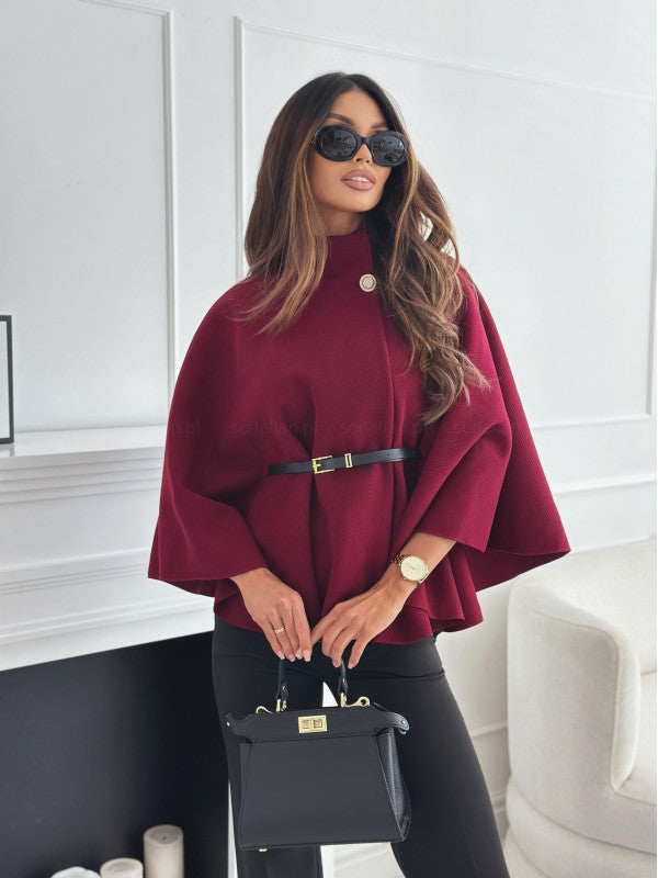Damen elegante Poncho-Bluse mit Gürtel und modischem Revers Drune