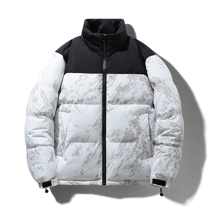 Herren Wattierte Steppjacke mit Camouflage‑Print, hohem Stehkragen & verstellbarem Saum Drune