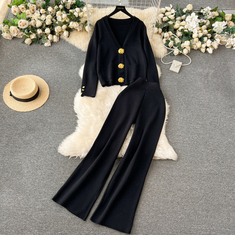 Damen elegantes Strick-Loungewear-Set mit dekorativen Knöpfen und weitem Bein Drune