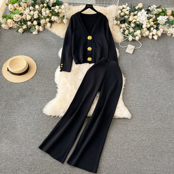 Damen elegantes Strick-Loungewear-Set mit dekorativen Knöpfen und weitem Bein Drune