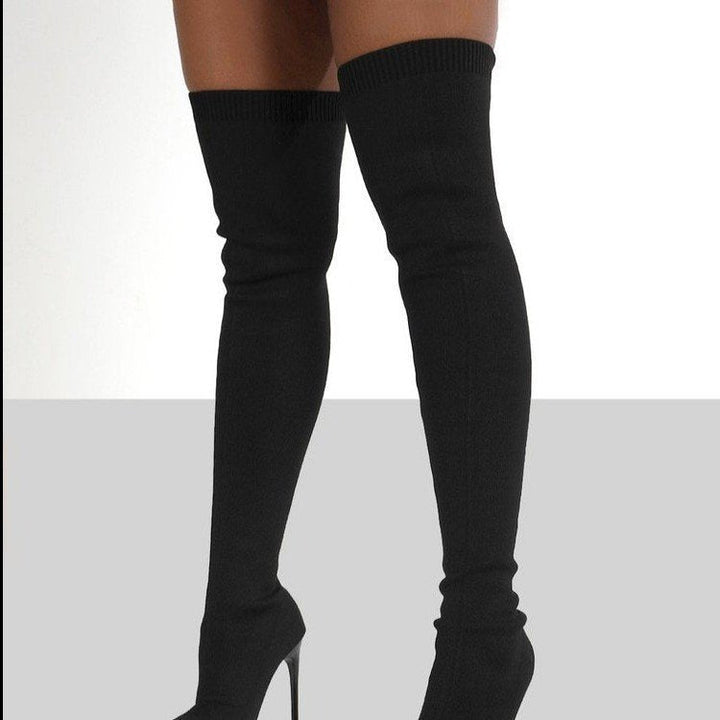 Damen Overknee Stiefel mit elegantem spitzem Absatz und modischem Strickdesign Drune