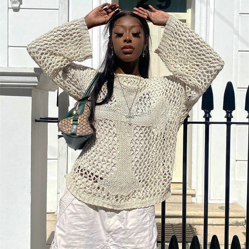 Damen luftiger Strickpullover mit offenem Netzdesign Drune