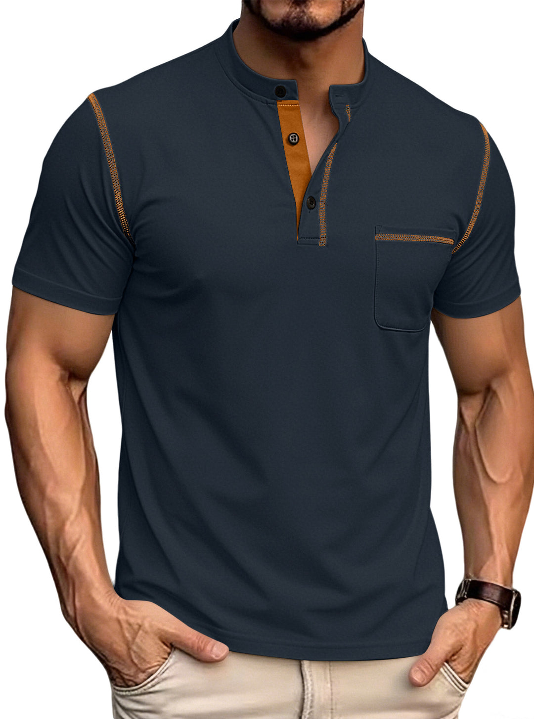Herren nan kurzärmeliges Henley-Shirt mit Stehkragen, Brusttasche und kontrastierenden Ziernähten Drune