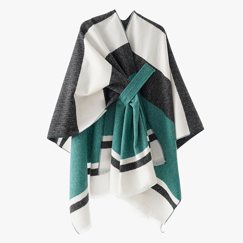 Damen Oversize-Capeponcho aus Wollmix mit Bindeschlaufe und Streifenbordüre Drune