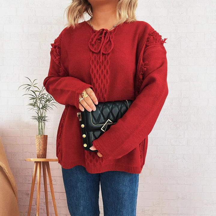 Damen Grobstrickpullover mit lässigen Fransen und dekorativem Zopfdesign Drune
