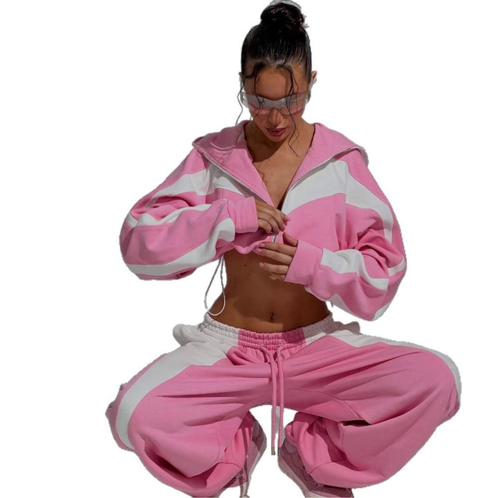 Damen lässiger Sportanzug mit Kapuzenjacke und weit geschnittenen Jogginghosen Drune