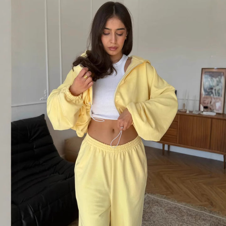 Damen kurzes Kapuzenzipper-Lounge-Set mit oversized Ärmeln und weitem Jogginghose-Schnitt Drune