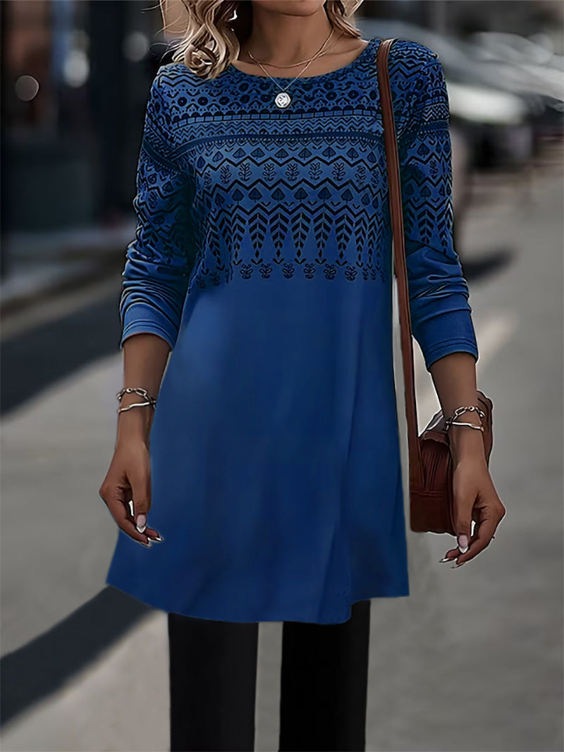 Frauen Longline Tunika Kleid mit Ethno Druck und Rundhalsausschnitt Drune