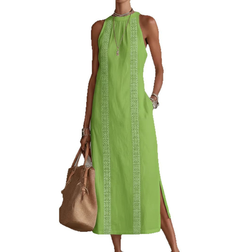 Damen Elegantes Sommer-Maxi-Kleid mit Spitzenapplikation und seitlichem Schlitz Drune