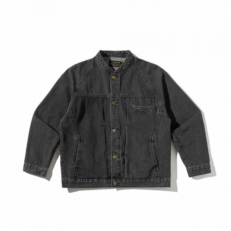 Unisex Boxige Denim‑Hemdjacke im Worker‑Look mit Stehkragen, Raglanärmeln und Brust‑Welttasche Drune