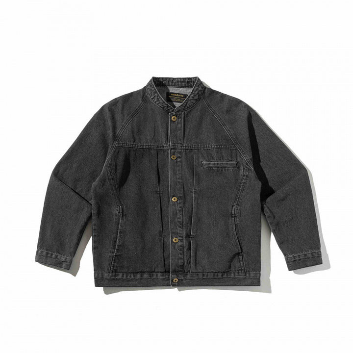 Unisex Boxige Denim‑Hemdjacke im Worker‑Look mit Stehkragen, Raglanärmeln und Brust‑Welttasche Drune
