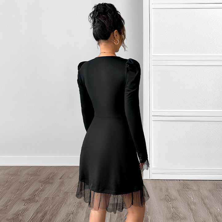 Damen Elegantes Kleid mit Puffärmeln und transparentem Saum Drune