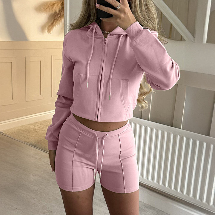 Damen nan lässiges Sweatshirt- und Short-Set mit dekorativen Schleifen-Applikationen, hohem Rundhalsausschnitt und Tunnelzugbund Drune