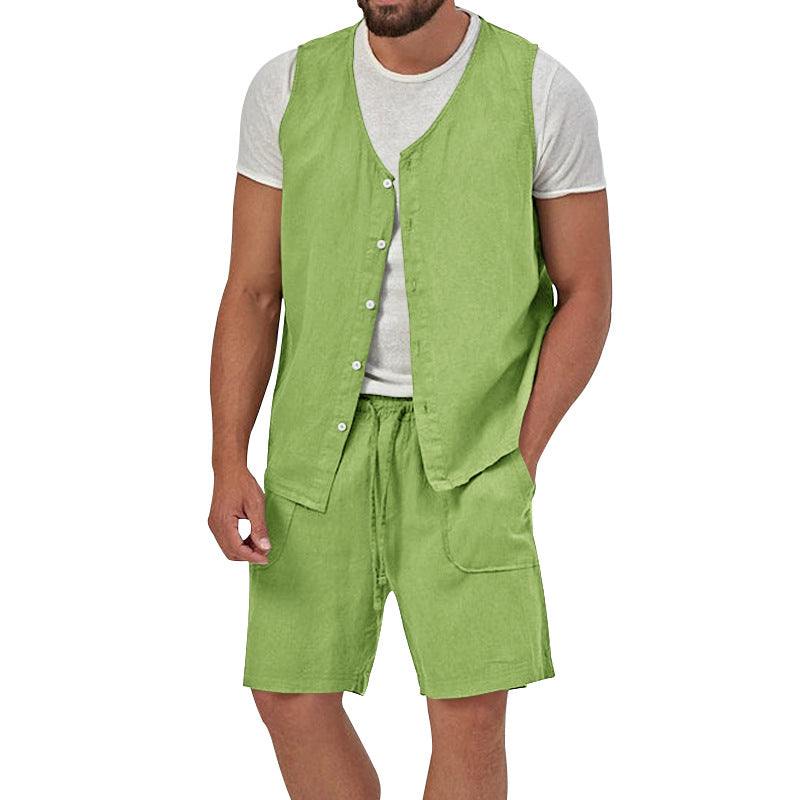 Herren nan zweiteiliges Freizeit-Set mit ärmelloser Knopfweste und weiten Kordelzug-Shorts mit aufgesetzten Taschen Drune