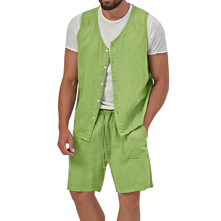 Herren nan zweiteiliges Freizeit-Set mit ärmelloser Knopfweste und weiten Kordelzug-Shorts mit aufgesetzten Taschen Drune