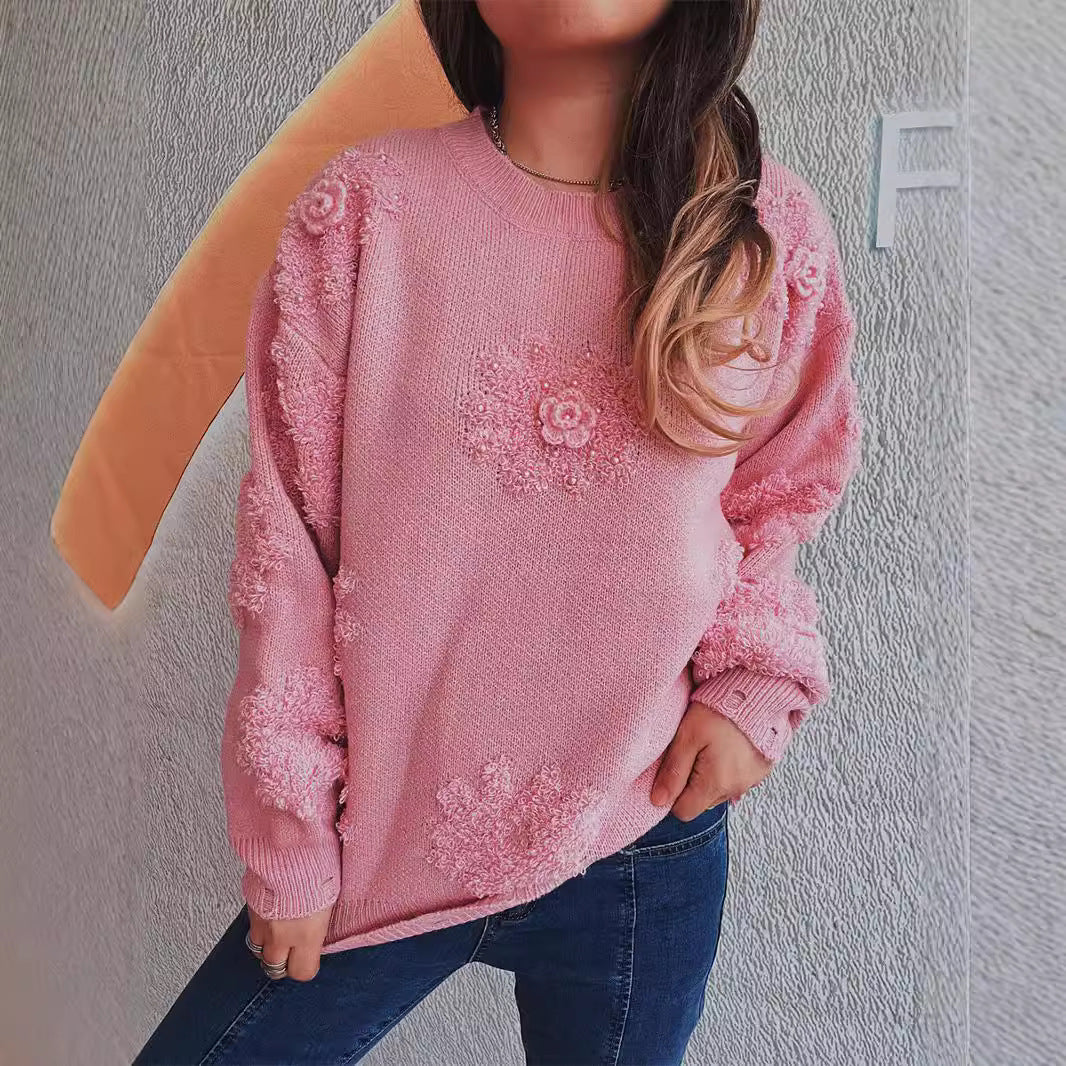 Damen Strickpullover mit romantischen Blumenapplikationen und weichem Material Drune