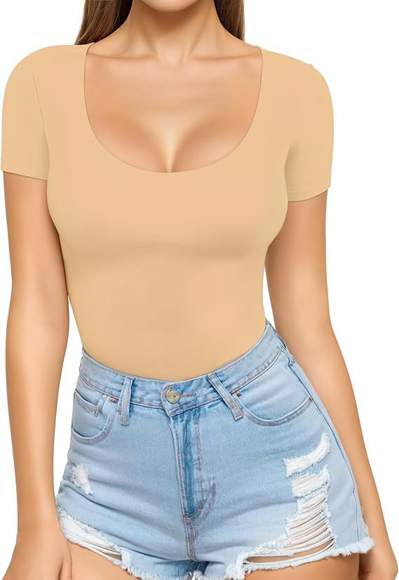 Damen figurbetontes Kurzarm-Body mit rundem Ausschnitt und nahtlosem Design Drune