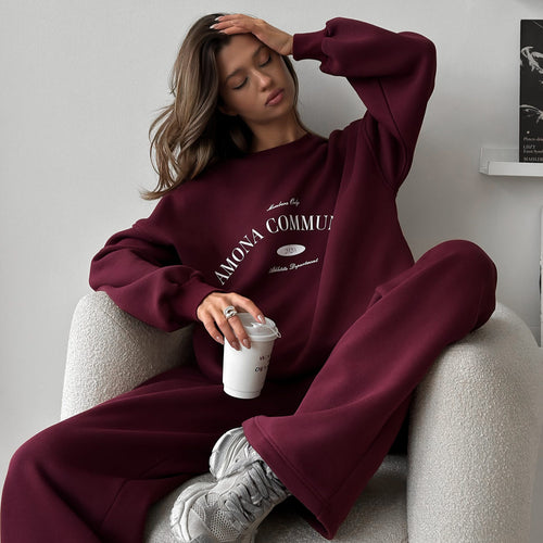 Damen weiches Oversize-College-Sweatshirt und hochgeschnittene weite Jogginghose Drune