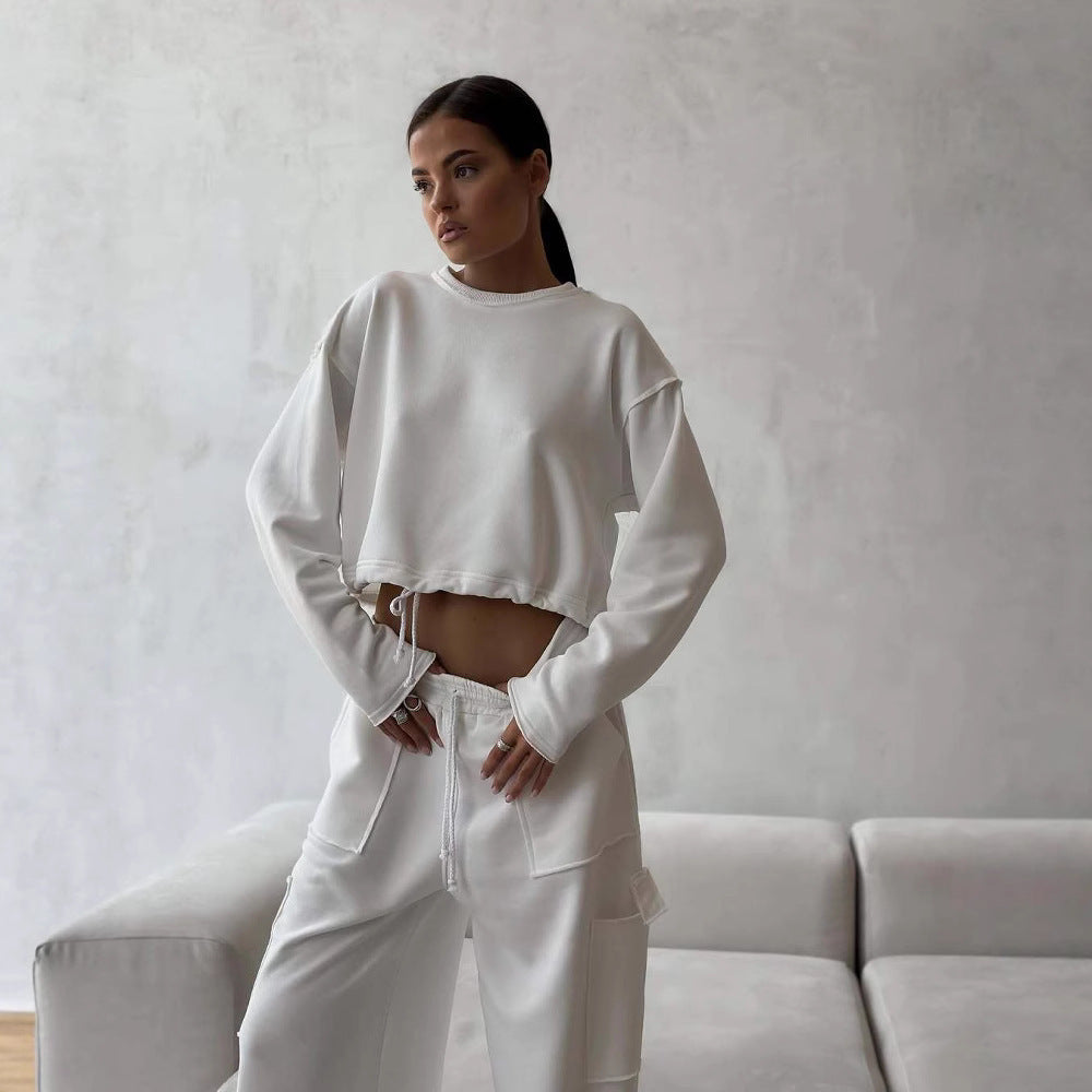 Damen Kurzes Tunnelzug-Sweatshirt mit geripptem Saum und lässiger High‑Waist‑Jogginghose Drune