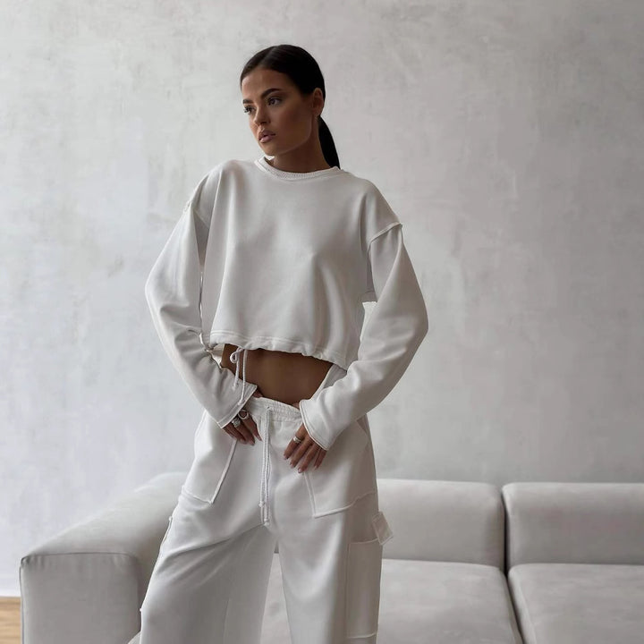 Damen Kurzes Tunnelzug-Sweatshirt mit geripptem Saum und lässiger High‑Waist‑Jogginghose Drune